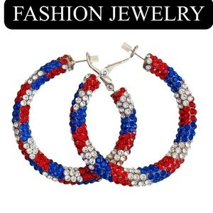 7J: I AM Limited Edition Rhinestone Immersed American Flag Colors Earrings, NWT